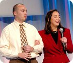 Ramon Enriquez (left) joined his former teacher Erin Gruwell on stage at the NASSP Convention to talk about his experiences in her classroom that led to his pursuit of a career in education.